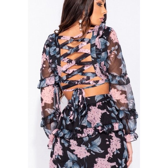 Floral Long Sleeve V-Neck Open Tie Back Mini Dress - Picture 7 of 12